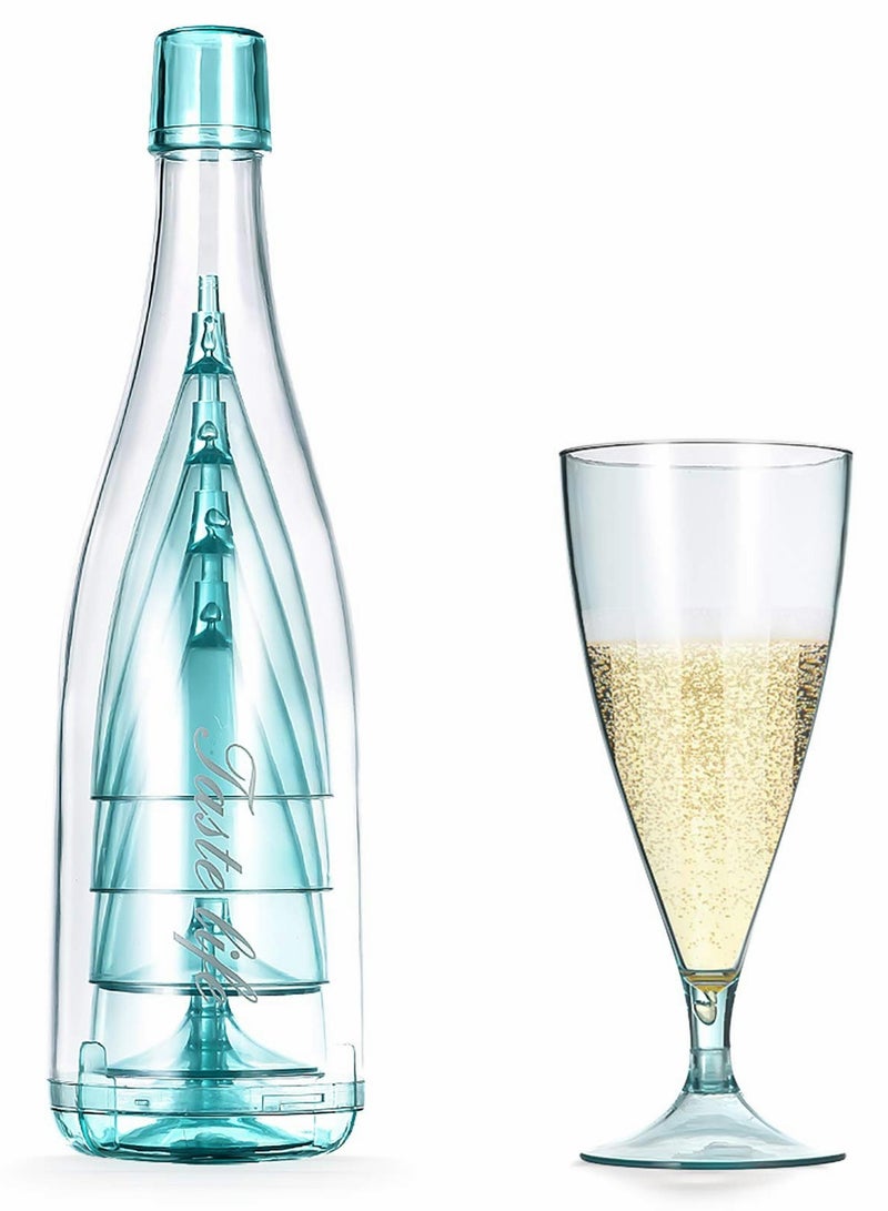 Reusable Plastic Champagne Flutes with Storage Bottle, Portable Blue Cups for Picnics, Parties, Camping and Gatherings, Set of 5  - Image 1