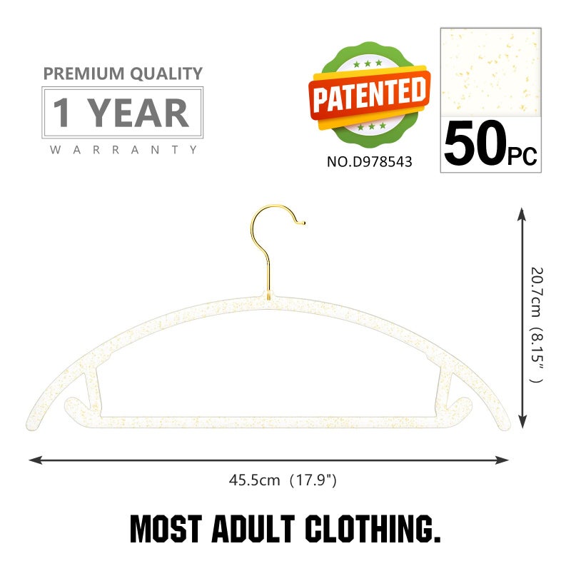 MIZGI Premium Clear Hangers with Gold Glitter (50-Pack) - Heavy-Duty Acrylic Suit Hangers with Gold Hooks - No Shoulder Bump Space Saving Clothes Hangers for Jackets, Coats, Dresses - Image 5