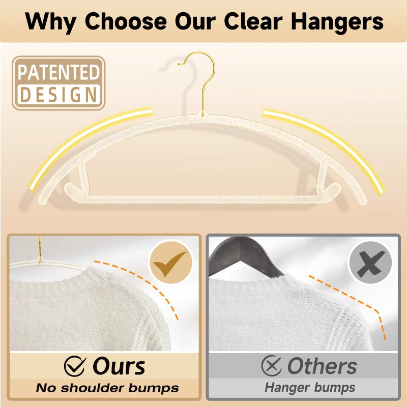 MIZGI Premium Clear Hangers with Gold Glitter (50-Pack) - Heavy-Duty Acrylic Suit Hangers with Gold Hooks - No Shoulder Bump Space Saving Clothes Hangers for Jackets, Coats, Dresses - Image 3