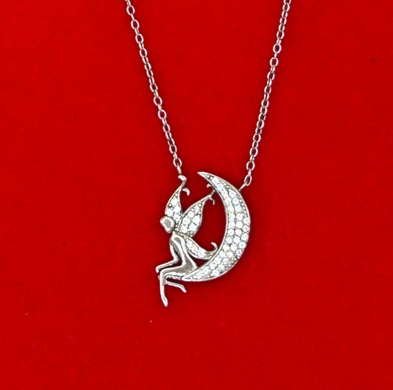 Armaaj S925 Dainty silver-toned crescent moon fairy pendant necklace featuring sparkling cubic zirconia stones - Image 2