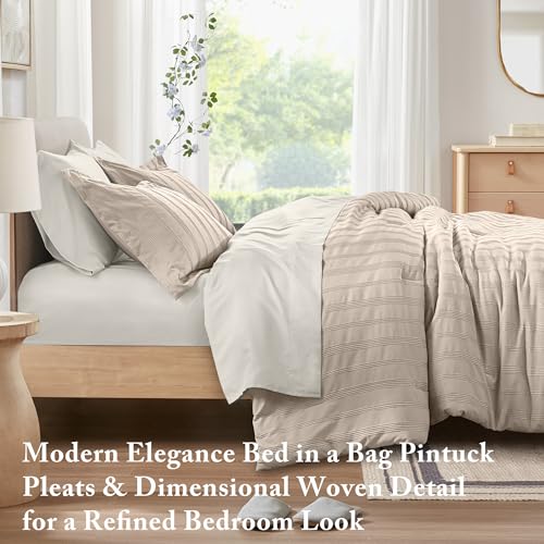 Madison Park Essentials Striped Comforter Set Queen, 7 Pieces Modern Minimalist Jacquard Bedding Set for All Season, Bed in A Bag with Sheet Set and Soft Brushed Reverse, Lightweight Neutral - Image 2