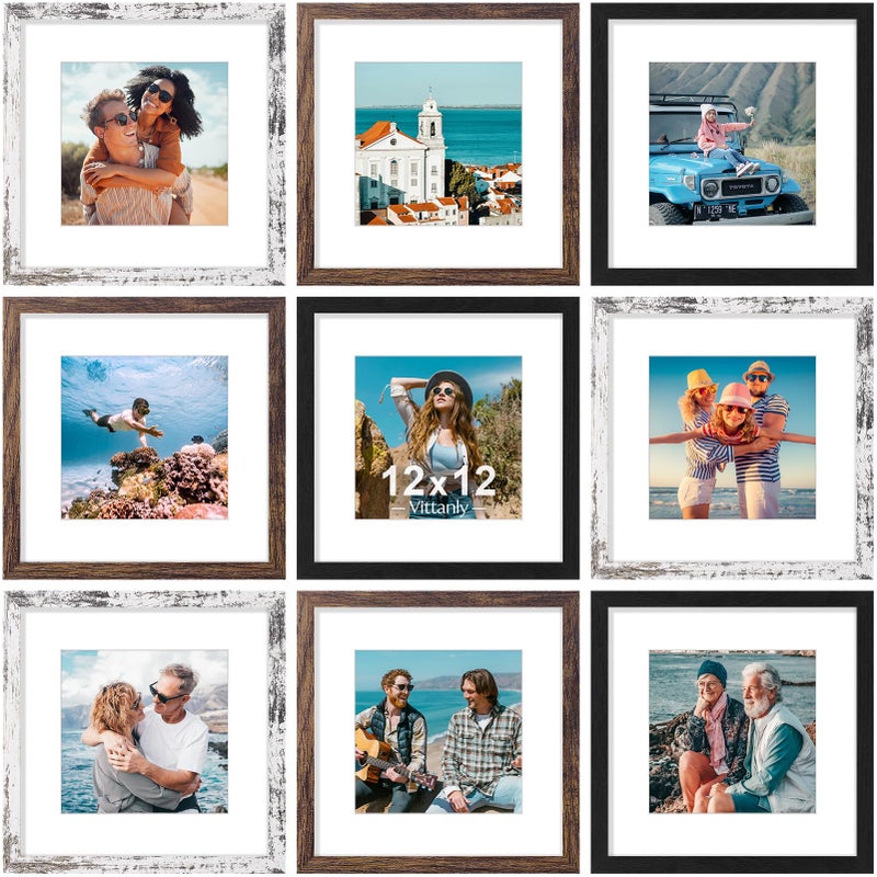 Vittanly 12x12 Picture Frames Set of 9, Display 8x8 Pictures with Mat or 12x12 without Mat, Photo Frames for Wall Mount, Engineered Wood, Black&Brown&Distressed White - Image 1