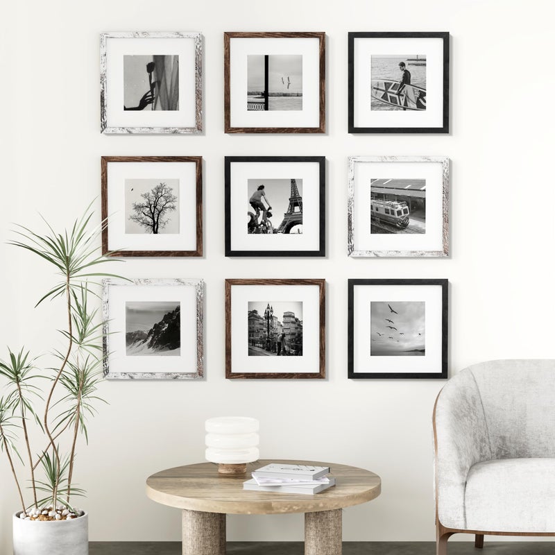Vittanly 12x12 Picture Frames Set of 9, Display 8x8 Pictures with Mat or 12x12 without Mat, Photo Frames for Wall Mount, Engineered Wood, Black&Brown&Distressed White - Image 2