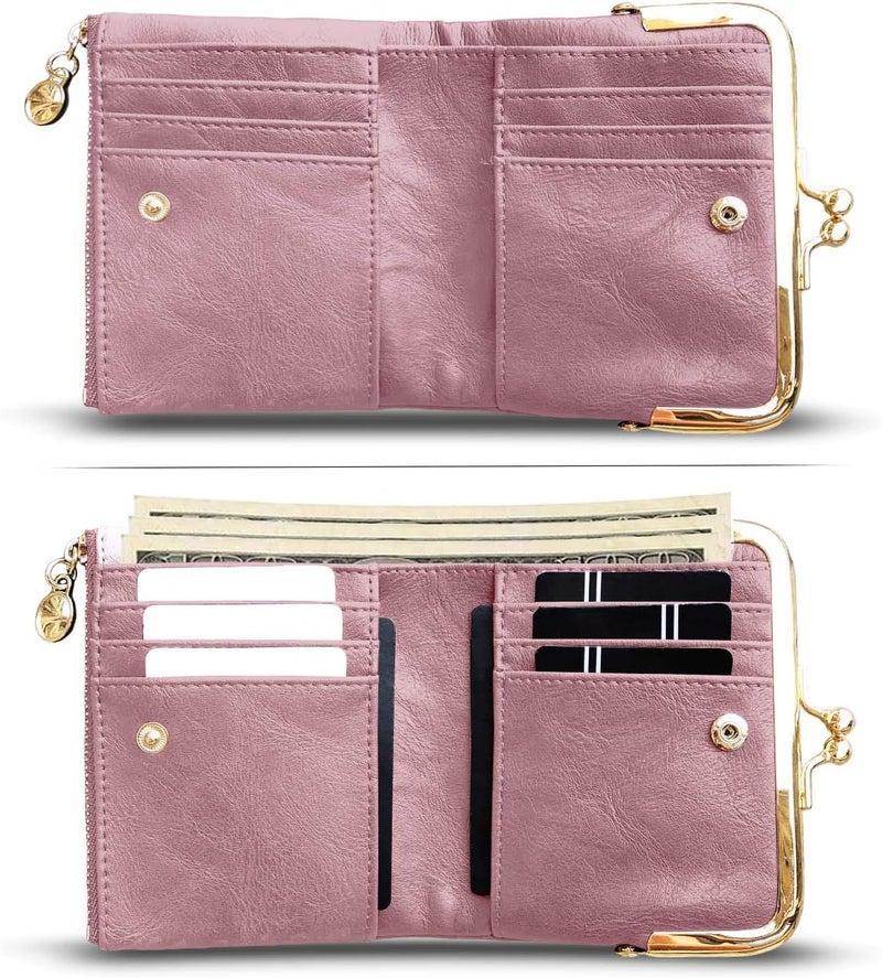 AOXONEL Womens Wallet Small Rfid Ladies Compact Bifold Leather Vintage Coin Purse With Zipper and Kiss Lock - Image 2