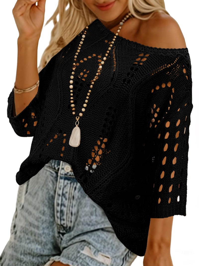 CRAZY GRID Womens 2026 Spring Fashion Scoop Neck 3/4 Short Sleeve Crochet Tops Plain Pullover Sweaters Dressy Casual Beach Shirts Cover Up Black Medium - Image 4