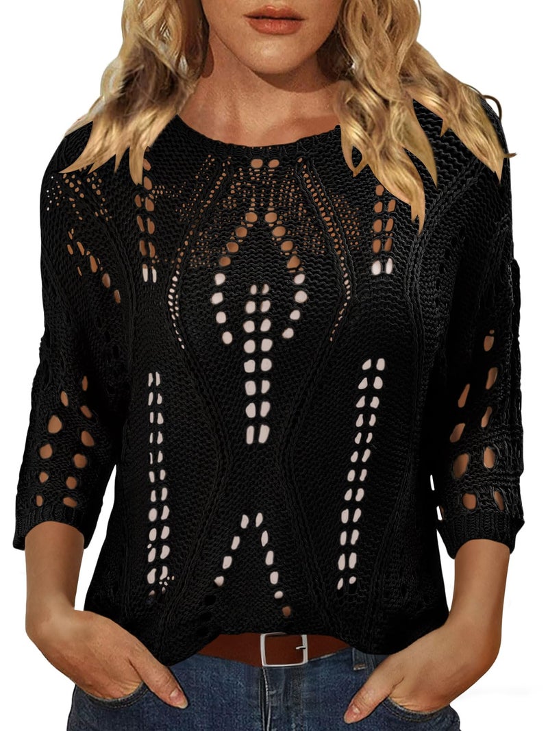 CRAZY GRID Womens 2026 Spring Fashion Scoop Neck 3/4 Short Sleeve Crochet Tops Plain Pullover Sweaters Dressy Casual Beach Shirts Cover Up Black Medium - Image 1