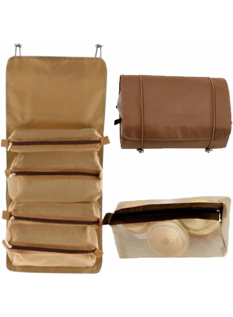 شنطة مكياج أنيقة باللون البني بتصميم عملي مقاوم للماء، مزودة بتقسيمات شبكية داخلية مثالية لتنظيم أدوات التجميل أثناء السفر. - Image 1