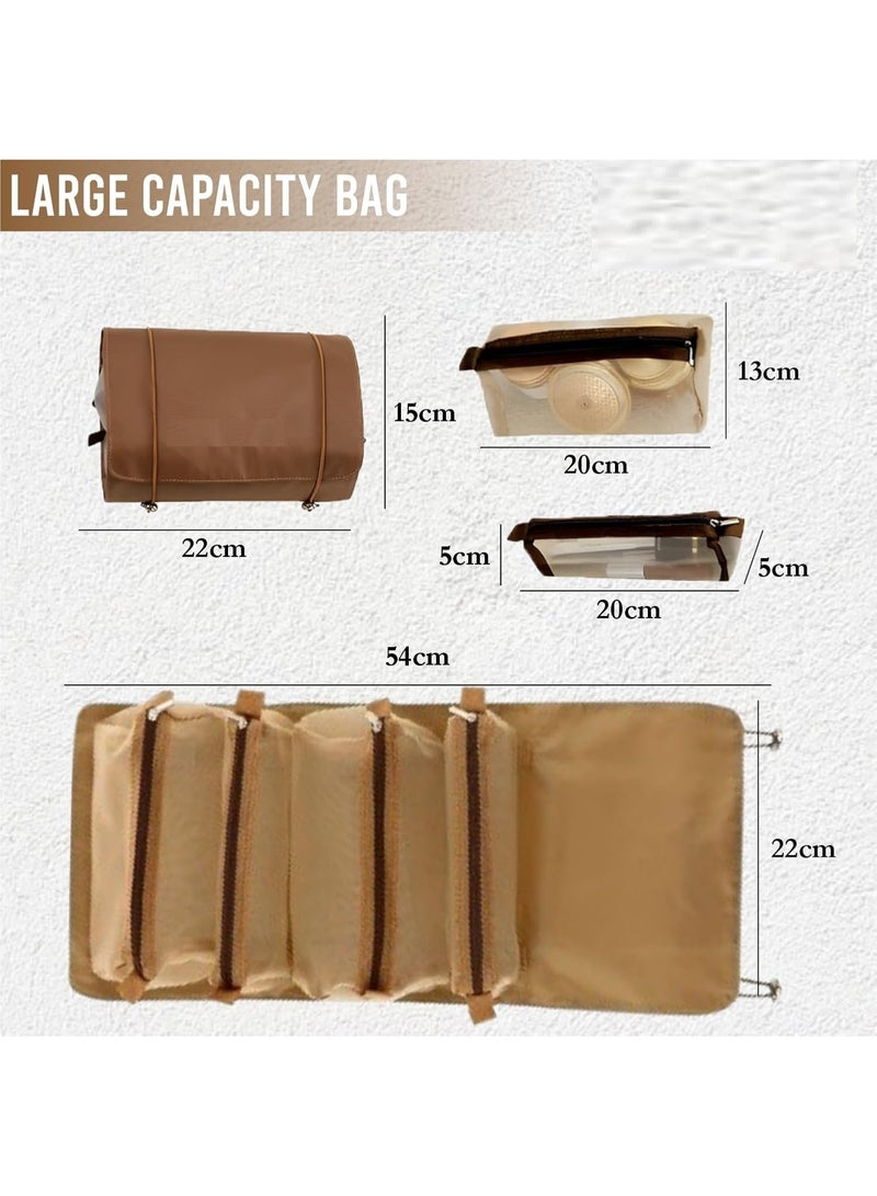 شنطة مكياج أنيقة باللون البني بتصميم عملي مقاوم للماء، مزودة بتقسيمات شبكية داخلية مثالية لتنظيم أدوات التجميل أثناء السفر. - Image 2