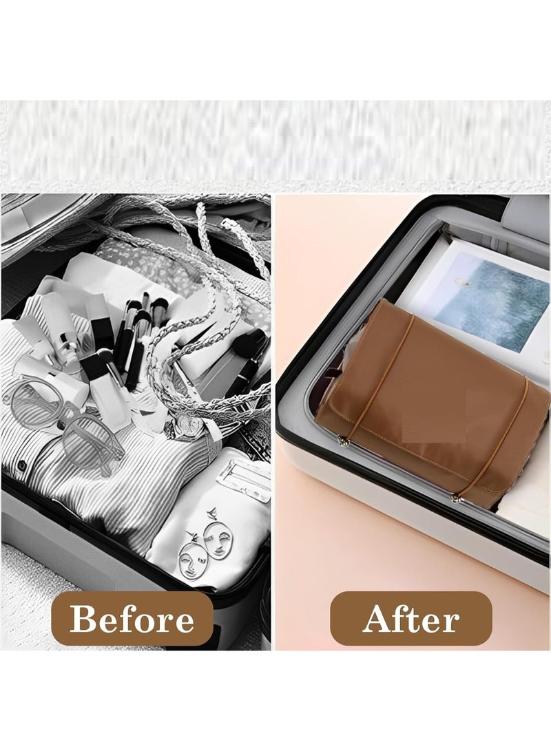 شنطة مكياج أنيقة باللون البني بتصميم عملي مقاوم للماء، مزودة بتقسيمات شبكية داخلية مثالية لتنظيم أدوات التجميل أثناء السفر. - Image 3