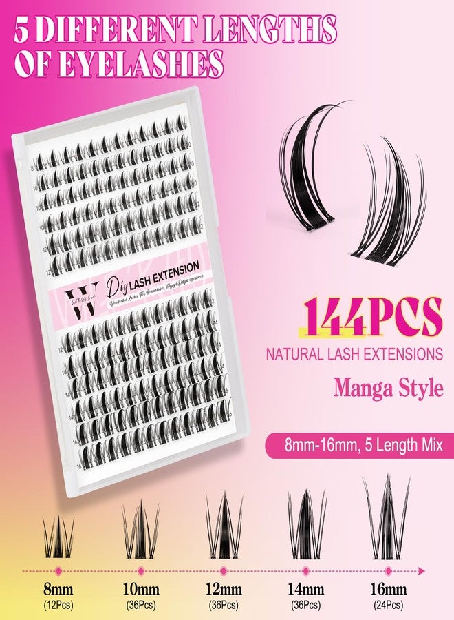 WLFRHD Manga Lash Clusters Kit DIY 144Pcs Fairy Eyelash Clusters Natural Lashes Kit with Anime Lash Clusters Bond and Seal, Remover and Tweezers for Invisible Band Eyelash Extensions Kit(D-Mix8-16mm) - Image 3