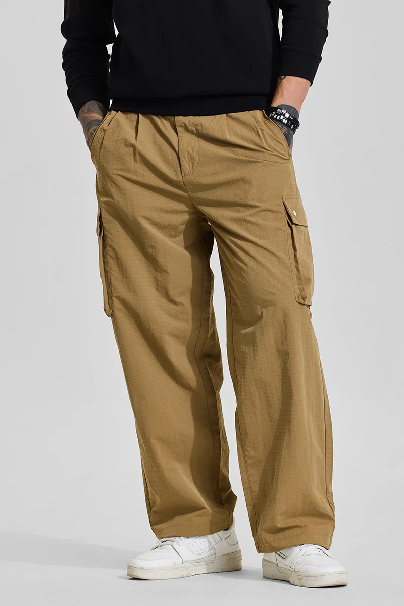 سنيتش Khaki Solid Loose Fit Streetwear Cargo