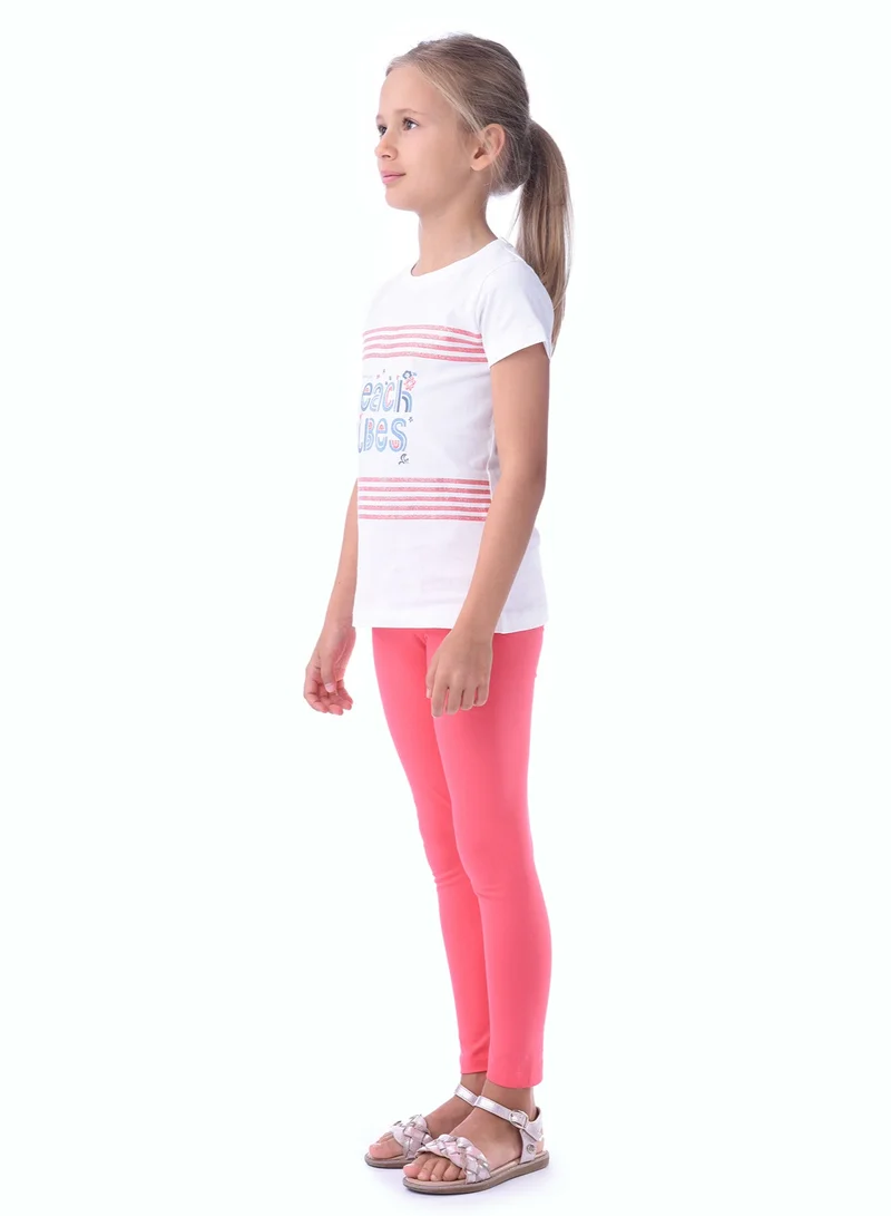 Victor And Jane  Girls’ 2-Piece Outfit Set - (2-8 Years) Offwhite Tee & Coral Legging for Women | Best Price UAE
