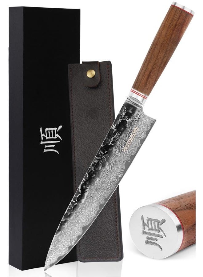 YOUSUNLONG Chef's Knives 10 inch Pro Gyuto Japanese Hammered Damascus Steel Natural Walnut Wooden Handle with Leather Sheath - Image 1