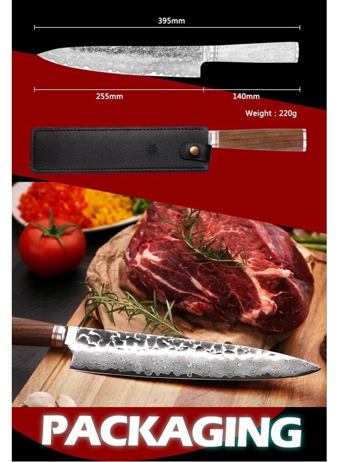 YOUSUNLONG Chef's Knives 10 inch Pro Gyuto Japanese Hammered Damascus Steel Natural Walnut Wooden Handle with Leather Sheath - Image 5
