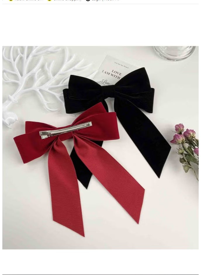 KHAJUL 2-Piece Velvet Hair Bow Tail Satin Long Tail Headpieces Barrette Headwear for Women and Girls Gifts (Red+Black) - Image 2