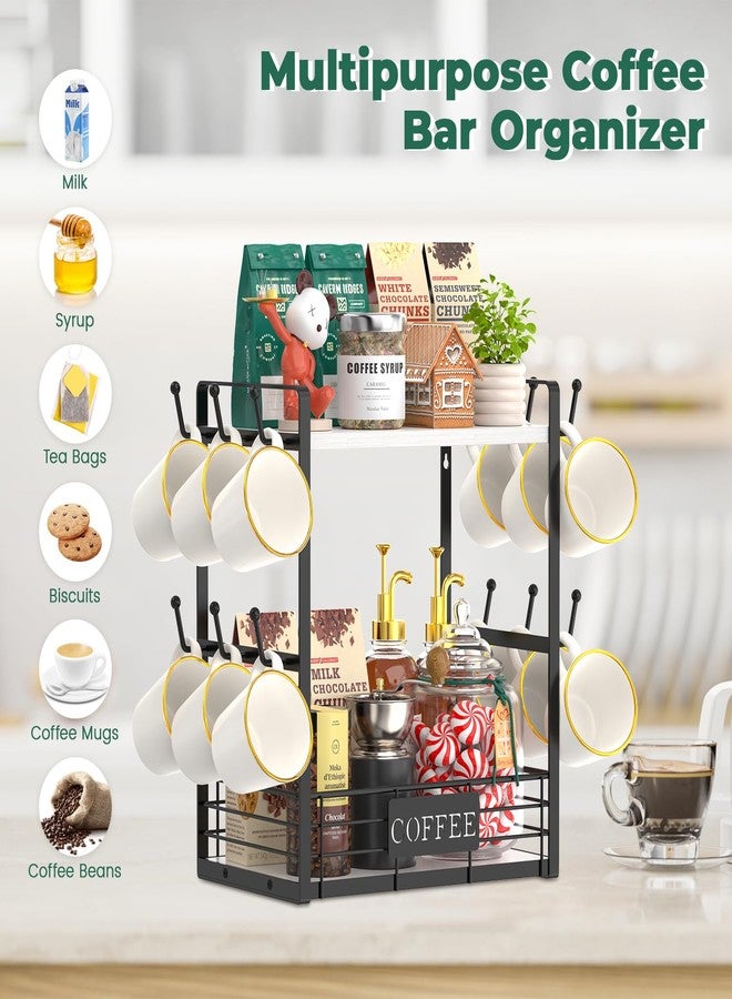 EsLuker.ly 2 Tier Coffee Bar Organizer Countertop Station Shelf for Home Office, Multi-functional Coffee Mug Cup Holder Stand, Accessory Storage Rack with 12 Hooks (White+Black) - Image 4