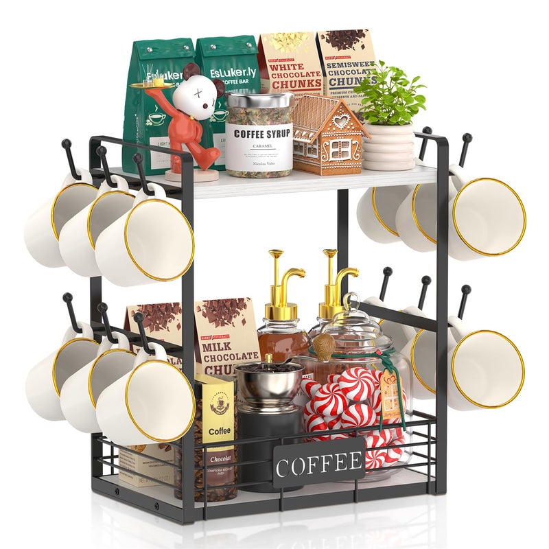 EsLuker.ly 2 Tier Coffee Bar Organizer Countertop Station Shelf for Home Office, Multi-functional Coffee Mug Cup Holder Stand, Accessory Storage Rack with 12 Hooks (White+Black) - Image 1