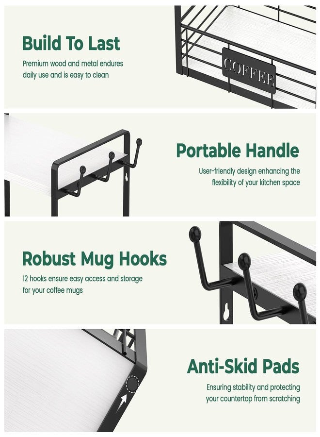 EsLuker.ly 2 Tier Coffee Bar Organizer Countertop Station Shelf for Home Office, Multi-functional Coffee Mug Cup Holder Stand, Accessory Storage Rack with 12 Hooks (White+Black) - Image 3