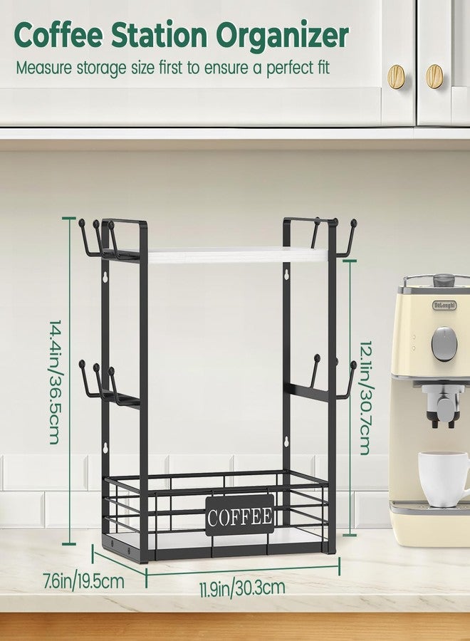 EsLuker.ly 2 Tier Coffee Bar Organizer Countertop Station Shelf for Home Office, Multi-functional Coffee Mug Cup Holder Stand, Accessory Storage Rack with 12 Hooks (White+Black) - Image 2