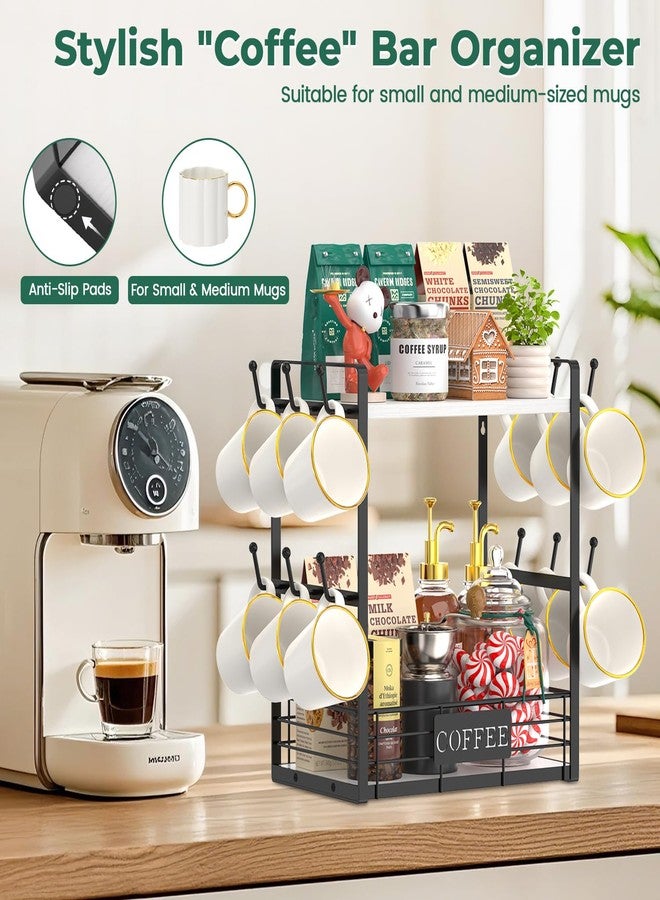 EsLuker.ly 2 Tier Coffee Bar Organizer Countertop Station Shelf for Home Office, Multi-functional Coffee Mug Cup Holder Stand, Accessory Storage Rack with 12 Hooks (White+Black) - Image 5