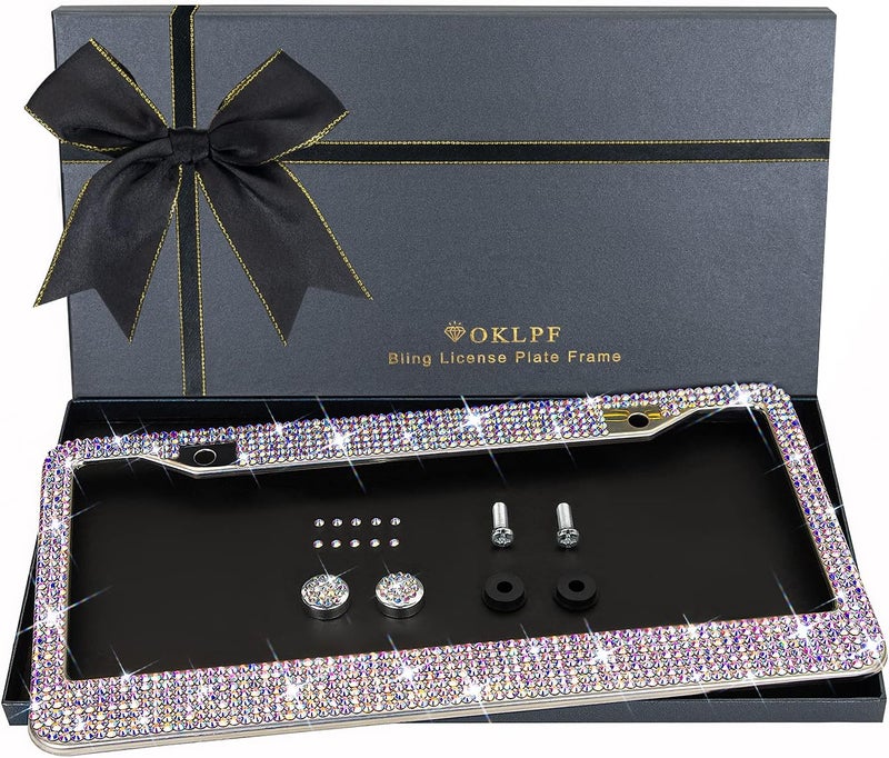 OKLPF Bling License Plate Frame for Women, Sparkly Stainless Steel License Plate Frames| Over 1200 pcs 14 Facets Bedazzled Clear Glass Diamond Rhinestone Crystals w/Free Glitter Diamond 1PCS Box (Colorful) Global assorted color picks - Image 1