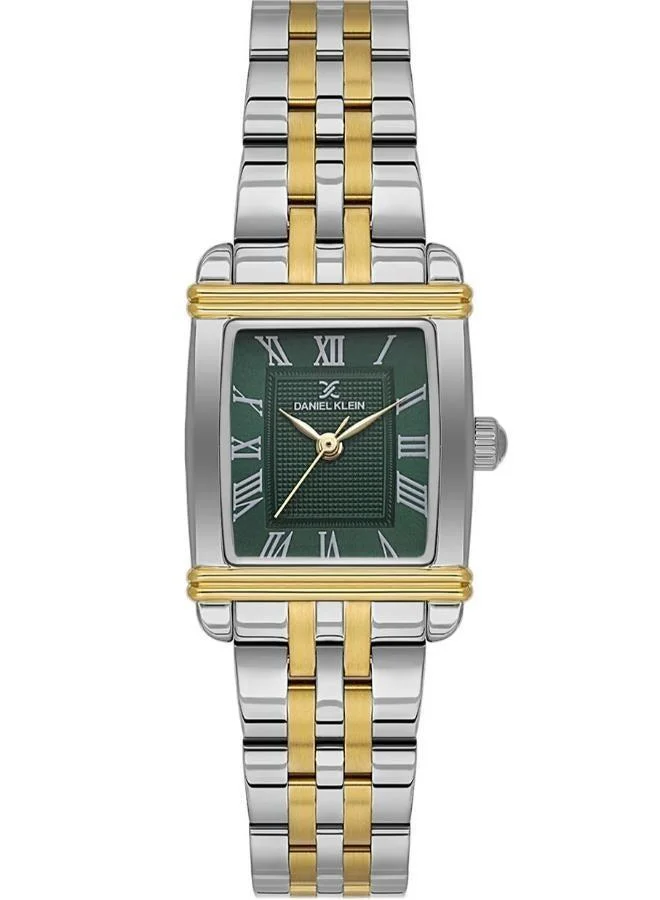 Daniel Klein Women's Stainless Steel Silver and Gold Alloy Case Analog Dark Green Square Emboss Dial Japanese Quartz Premium 30 Meters Water Resistant