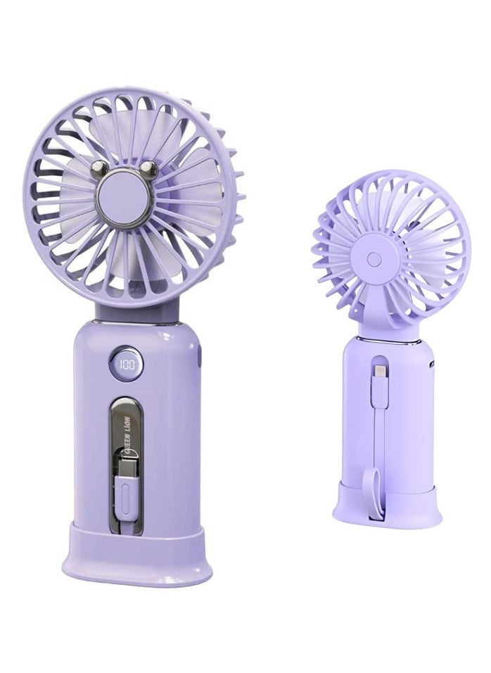 Green Lion WindMate Portable Wireless Mini Fan & Power Bank (for Android & iPhone), Battery Capacity 10000mAh, 3 Levels Speed Cooling Fan, Type-C and Lightning Built in Cables, Fast Charging, Digital Display - Purple
