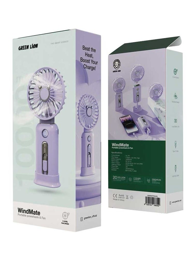 Green Lion WindMate Portable Wireless Mini Fan & Power Bank (for Android & iPhone), Battery Capacity 10000mAh, 3 Levels Speed Cooling Fan, Type-C and Lightning Built in Cables, Fast Charging, Digital Display - Purple