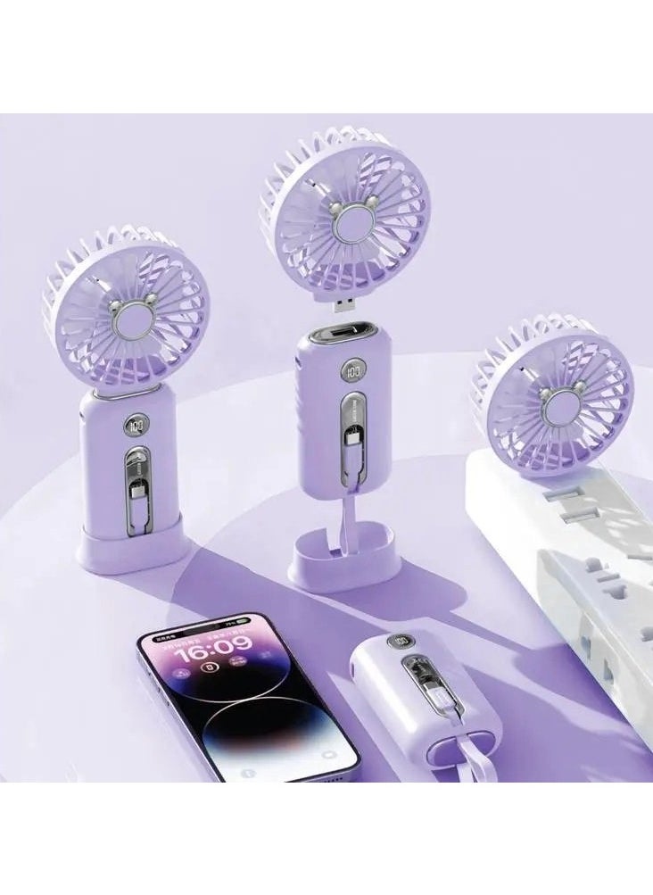 Green Lion WindMate Portable Wireless Mini Fan & Power Bank (for Android & iPhone), Battery Capacity 10000mAh, 3 Levels Speed Cooling Fan, Type-C and Lightning Built in Cables, Fast Charging, Digital Display - Purple