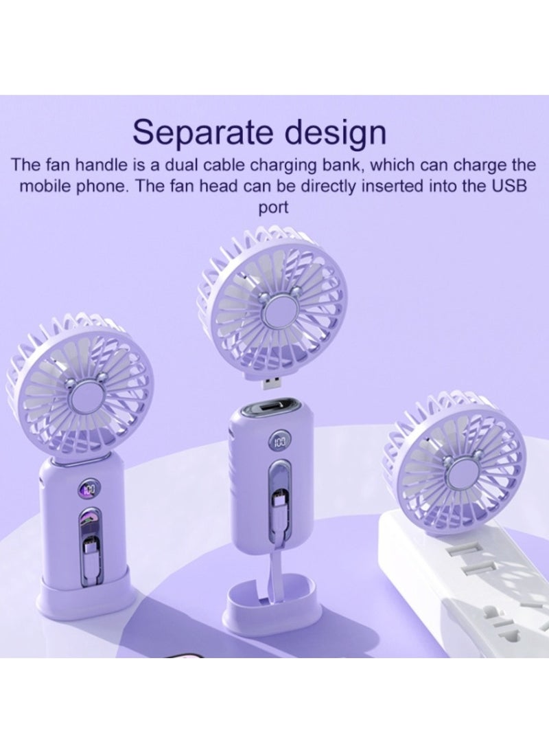 Green Lion WindMate Portable Wireless Mini Fan & Power Bank (for Android & iPhone), Battery Capacity 10000mAh, 3 Levels Speed Cooling Fan, Type-C and Lightning Built in Cables, Fast Charging, Digital Display - Purple