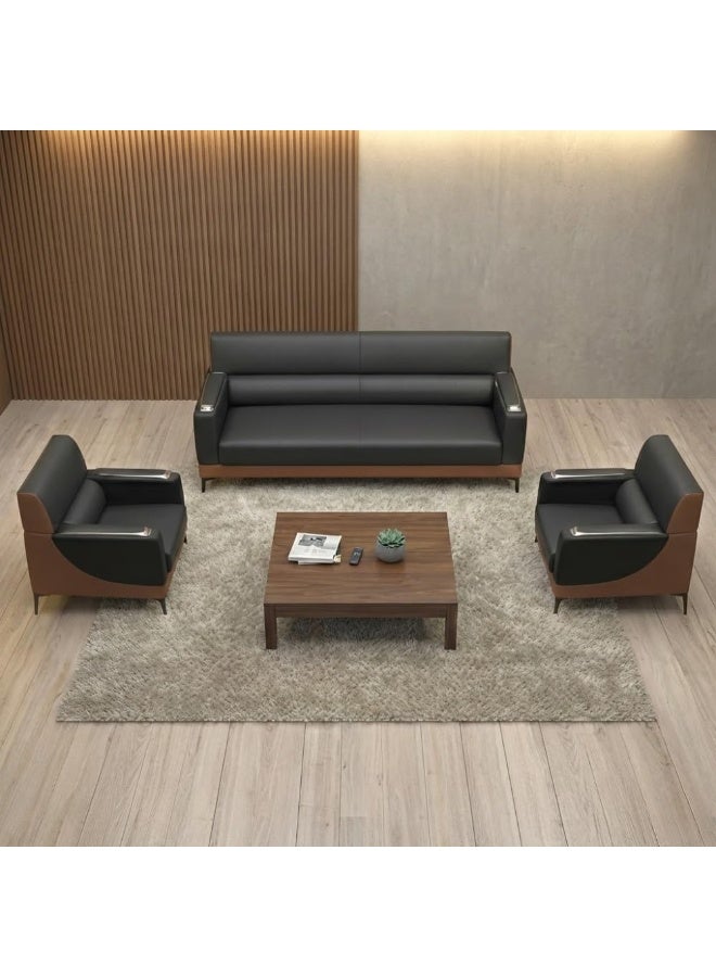 اي بي اكس هوم طقم كنب يوريكا 3+1+1 – كنبة من الجلد الصناعي بخمسة مقاعد لغرفة المعيشة والمكتب | طقم كنب عصري للمكاتب (أسود-بني) - Image 5
