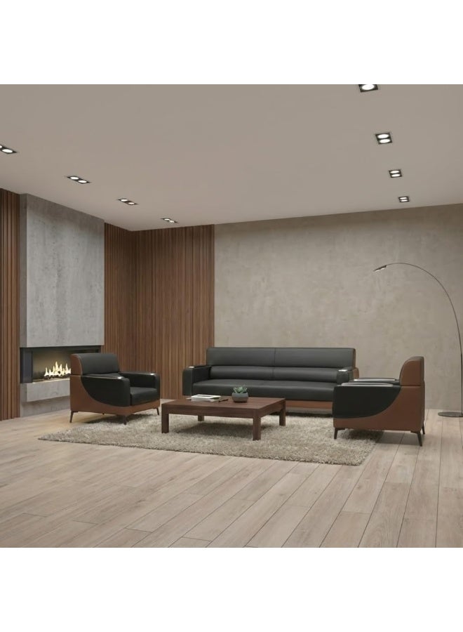 اي بي اكس هوم طقم كنب يوريكا 3+1+1 – كنبة من الجلد الصناعي بخمسة مقاعد لغرفة المعيشة والمكتب | طقم كنب عصري للمكاتب (أسود-بني) - Image 3