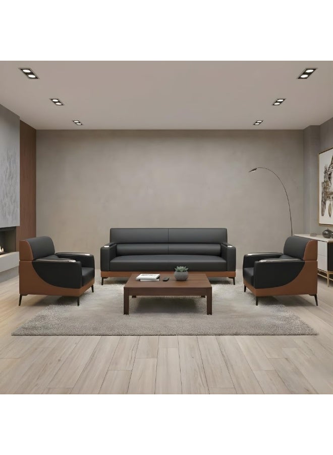 اي بي اكس هوم طقم كنب يوريكا 3+1+1 – كنبة من الجلد الصناعي بخمسة مقاعد لغرفة المعيشة والمكتب | طقم كنب عصري للمكاتب (أسود-بني) - Image 1