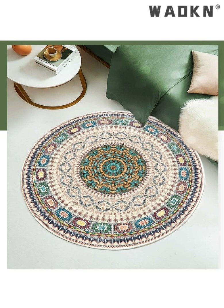 WAOKN Round Rugs for Living Room Area Rugs, 100 cm Round European Vintage Persian Carpet, Bohemian Style Soft Non-slip Floor Mat, for Living Room, Bedroom, Corridor, Office Entrance, Foyer  - Image 1