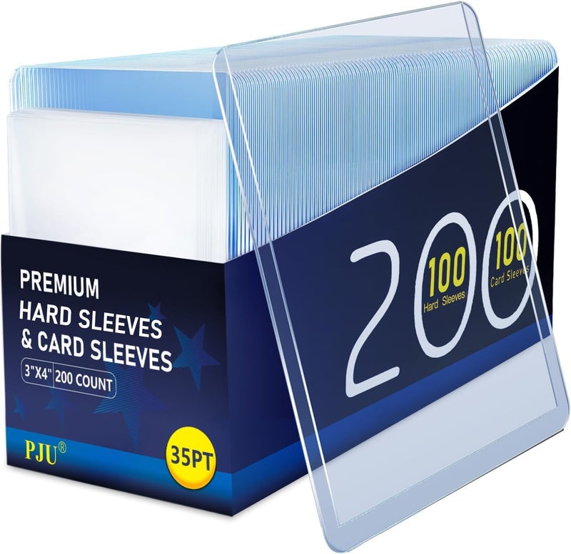 PJU 200 Hard Plastic Card Sleeves, Premium Baseball Card Protectors, 3"x 4" Trading Cards Sleeves, Sports Game Cards Holder Top Cases (100 Hard Sleeve + 100 Soft Sleeve) - Image 1