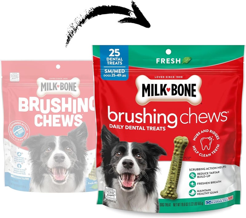 ميلك-بون Milk-Bone Fresh Breath Brushing Chews، 25 قطعة يومية صغيرة/متوسطة لصحة أسنان الكلاب، تساعد الحركة التنظيفية في تنظيف الأسنان - Image 2