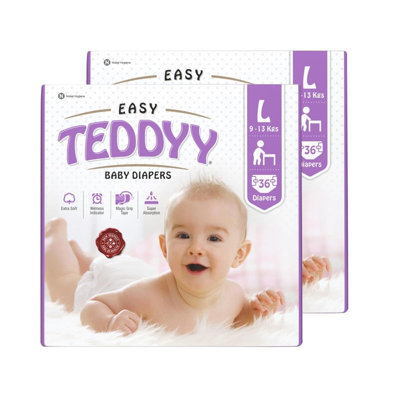 Teddyy حفاضات أطفال سهلة كبيرة (10-12 شهر) - 72 قطعة، 9-13 كجم، امتصاص طويل الأمد، مضادة للطفح الجلدي - Image 1