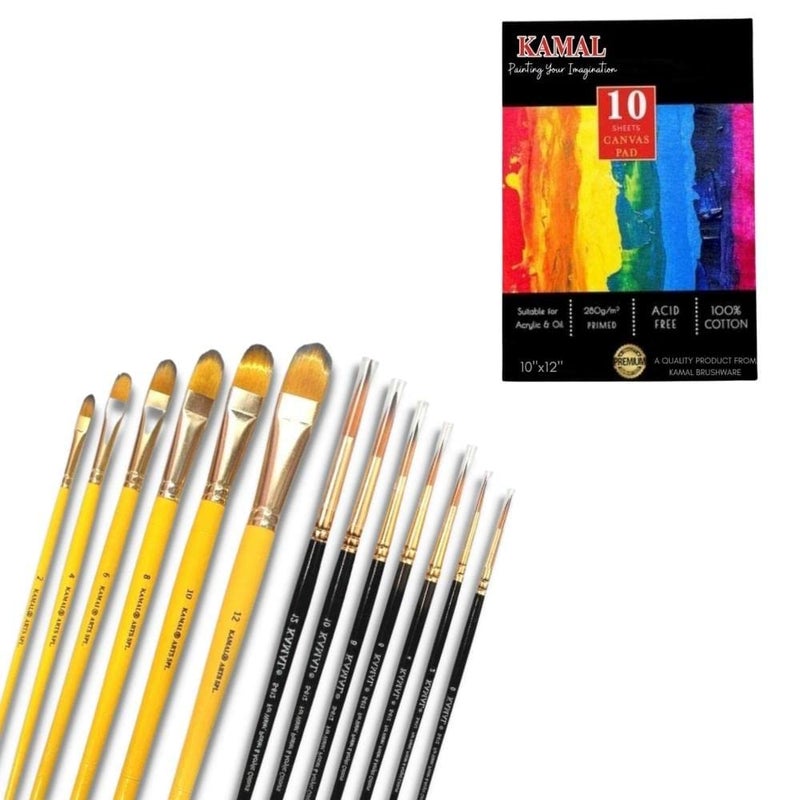 KAMAL Combo of Filbert Short Length and Round Golden Black Set of 7 with Cotton Canvas PAD Medium Grain 10X 12 Inch - Image 1