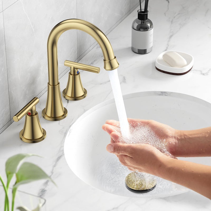 Hurran Bathroom Faucets for Sink 3 Hole, Hurran Brushed Gold Bathroom Sink Faucet with Pop-up Drain and Supply Lines, Stainless Steel Lead-Free Widespread Faucet for Bathroom Sink Vanity RV Farmhouse Sink - Image 2