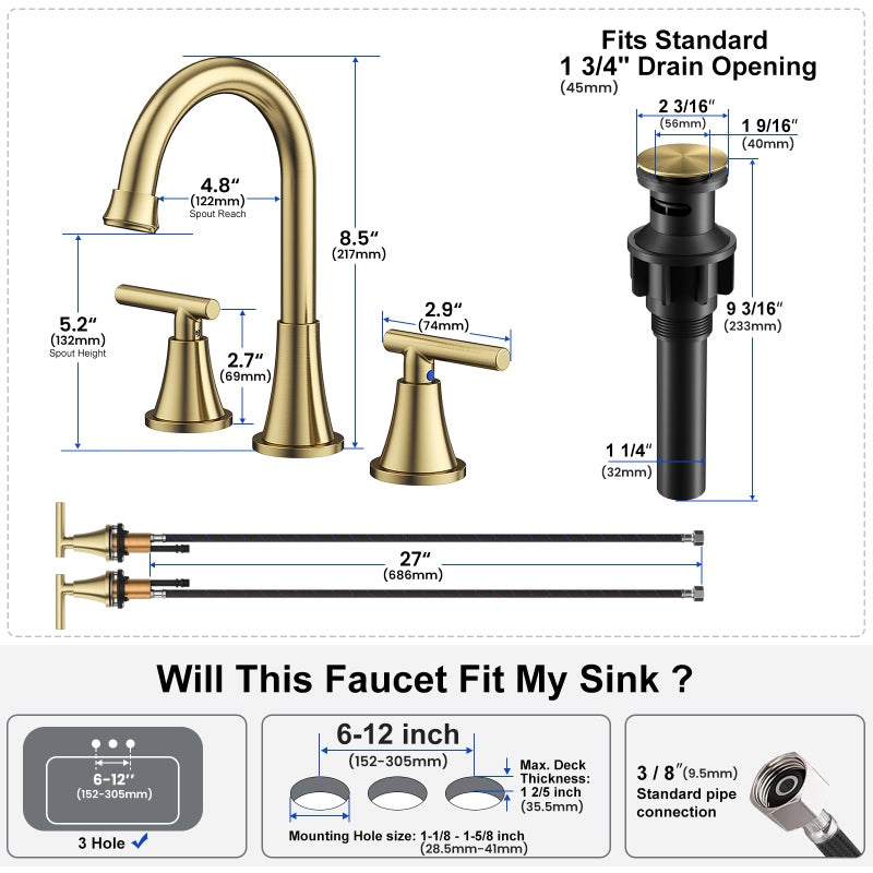 Hurran Bathroom Faucets for Sink 3 Hole, Hurran Brushed Gold Bathroom Sink Faucet with Pop-up Drain and Supply Lines, Stainless Steel Lead-Free Widespread Faucet for Bathroom Sink Vanity RV Farmhouse Sink - Image 5