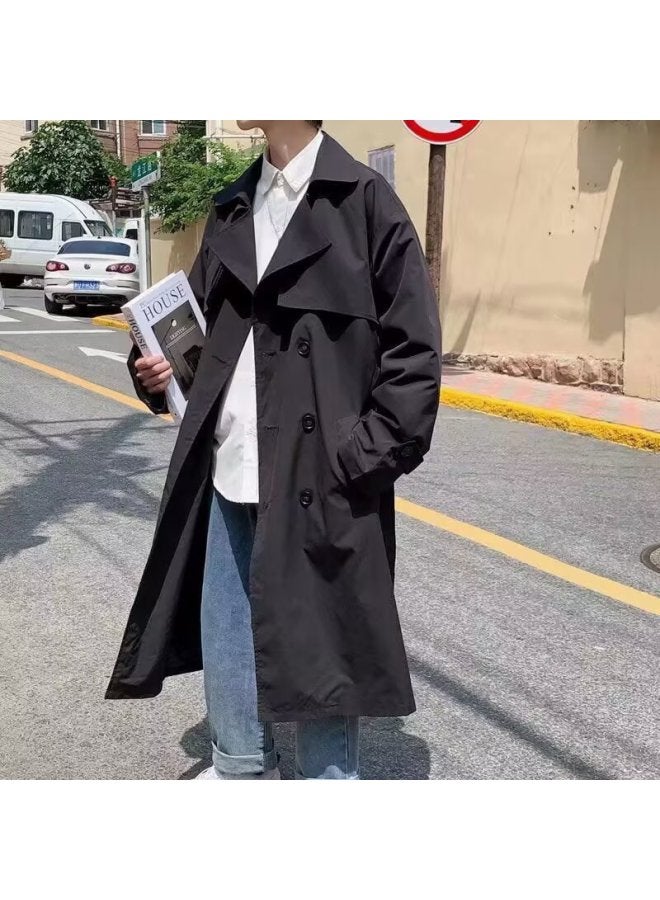 Autumn Hong Kong Fashion Brand Double-breasted Mid-length Windbreaker Men's Handsome Knee-length Cape Loose Outwear Jacket Trendy