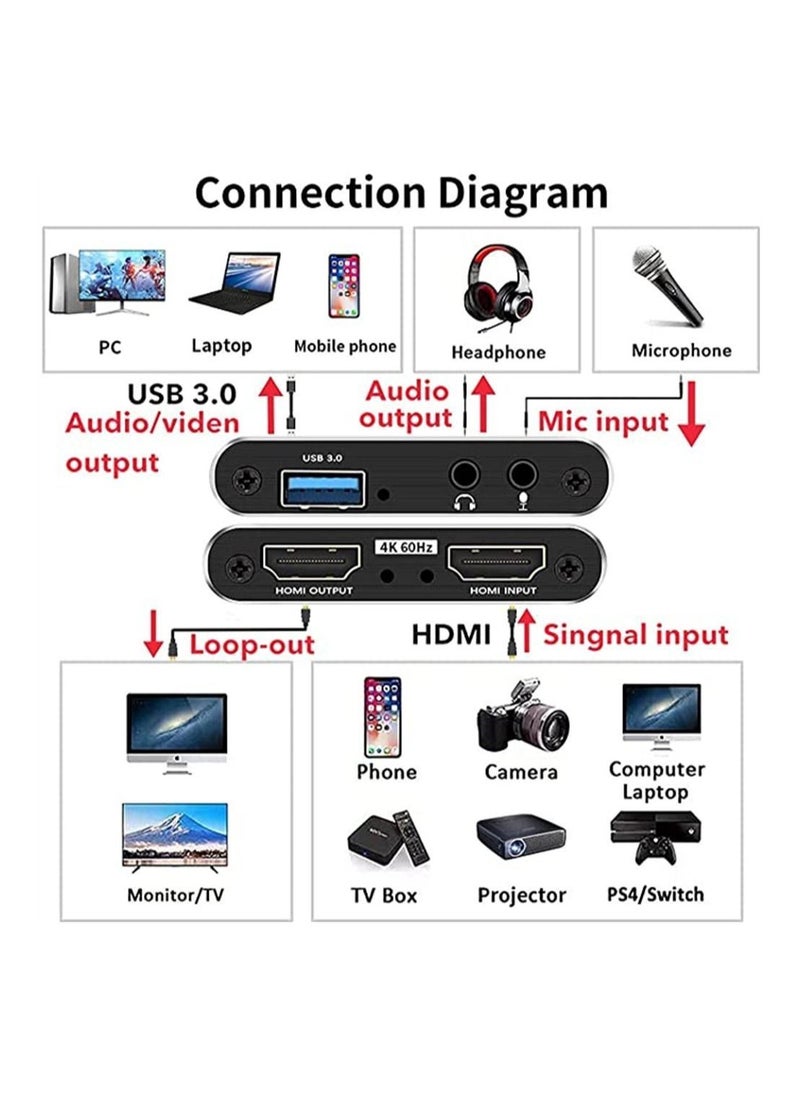 بطاقة التقاط، 4k/60hz Hd Usb 3.0 بطاقة فيديو للبث المباشر، البث المباشر، مؤتمرات الفيديو، التدريس، الألعاب على Ps5، Ps4، Xbox Series X/S