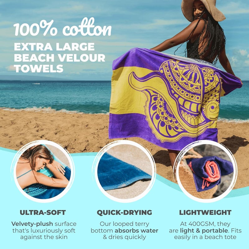 Nova Blue Seashell Beach Towel (34 X 63) - Purple & Yellow Travel Towel Made From 100% Cotton - Unique Adult With Tropical Design - Compact Narrow & wide space compatible - Image 2