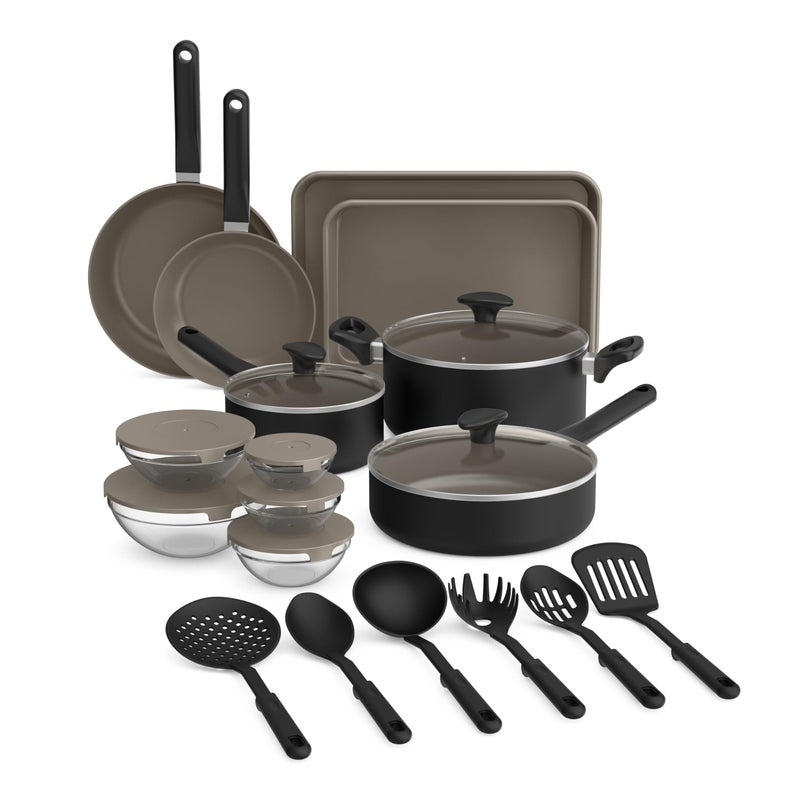 bella 21 Piece Kitchen Set with EverGoodâ„¢ Ceramic Nonstick Coatingâ€‹, Dishwasher & Oven Safe, All Stovetops Compatible, Tempered Glass Lids & Cool Touch Handles, Black - Image 1