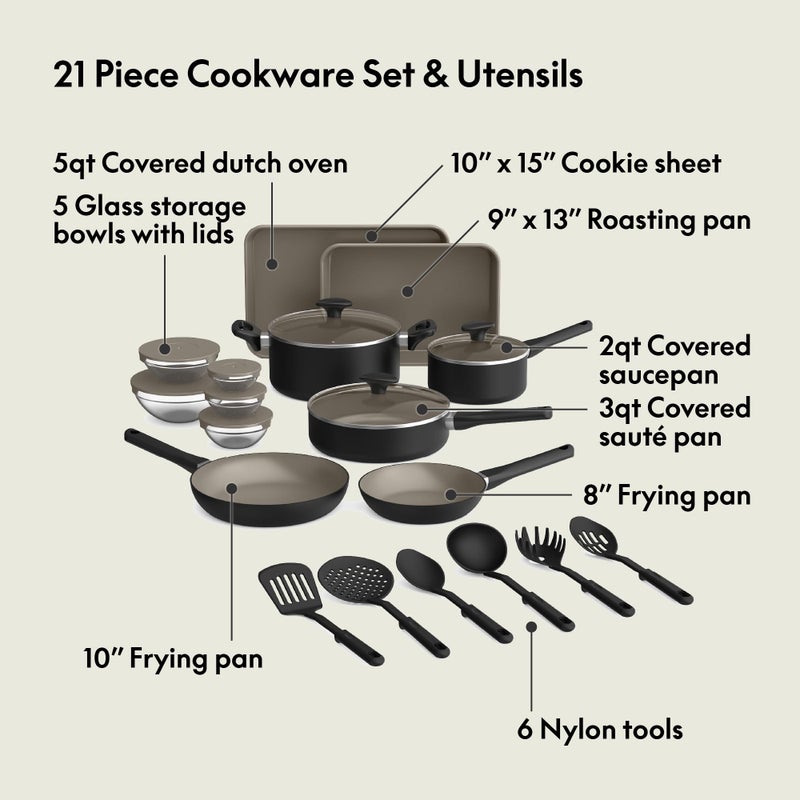 bella 21 Piece Kitchen Set with EverGoodâ„¢ Ceramic Nonstick Coatingâ€‹, Dishwasher & Oven Safe, All Stovetops Compatible, Tempered Glass Lids & Cool Touch Handles, Black - Image 2