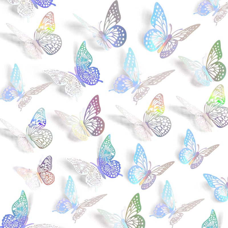 SAOROPEB 3D Butterfly Wall Decor, 72 Pcs 3 Styles 3 Sizes, Removable Metallic Wall Sticker Room Mural Decals for Kids Bedroom Nursery Classroom Party Decoration Wedding Decor DIY Gift (Laser) - Image 1