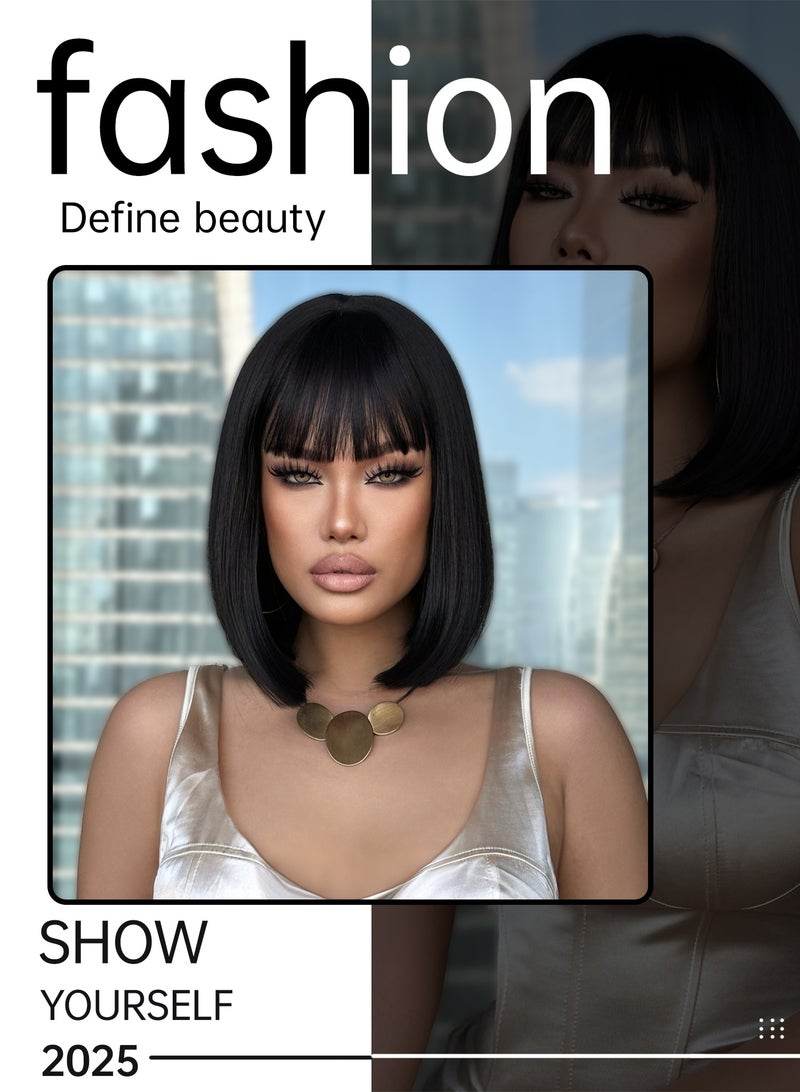 شعر مستعار صناعي قصير مستقيم مع غرة، شعر مستعار مقاوم للحرارة مناسب للمبتدئين. كثافة 180%، شعر مستقيم، غطاء شبكي وردي، مثالي للعب الأدوار والحفلات والارتداء اليومي وهدايا العطلات. - Image 3