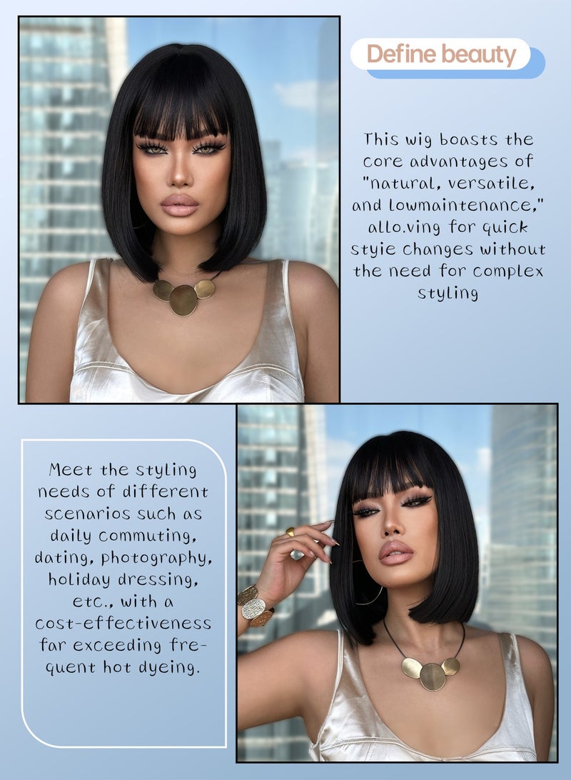 شعر مستعار صناعي قصير مستقيم مع غرة، شعر مستعار مقاوم للحرارة مناسب للمبتدئين. كثافة 180%، شعر مستقيم، غطاء شبكي وردي، مثالي للعب الأدوار والحفلات والارتداء اليومي وهدايا العطلات. - Image 5