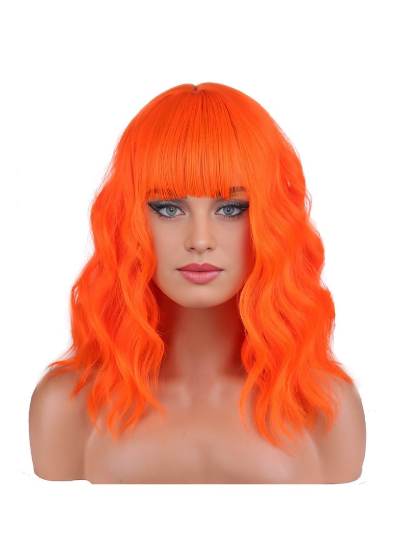 BERON - BERON 14 Inches Orange Wig with Bangs Short Curly Orange Wigs for Women Daily Party Hairnet Include - Image 1