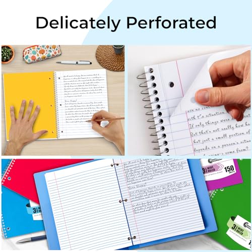 Rosmonde 3 Subject Notebook Wide Ruled, 6 Pack, Long Lasting, Extra Pages - 300 Pages (150 Sheets), No-Bleed Thick Paper, 3 Hole Punched, 8x10-1/2, 3 Subject Spiral Notebook for School, Home & Office - Image 5